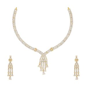 Fashion Jewellery White Rodium-Gold Polished Copper Zircon Necklace with hanging Earrings and adjustable chain, Best for Festive & Special Occasion