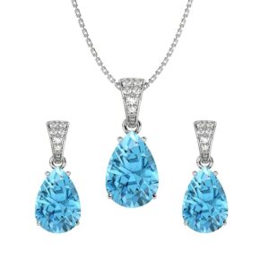 Sterling Silver Sky Blue Tear Drop Pendant Earring Chain Jewellery Set | Rhodium Plated, Swiss Zirconia