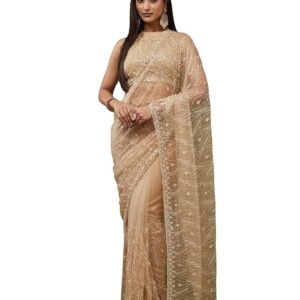 Women’s Elegant Beige Ethnic Printed Saree with Traditional Border & Designer Blouse