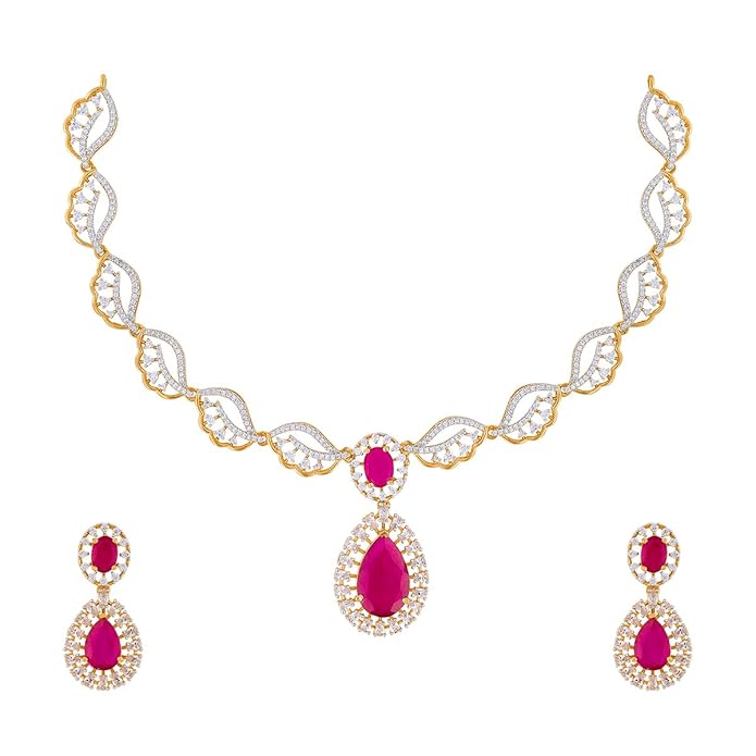 Fashion Jewellery Ruby Rodium-Gold Polished Copper Zircon Necklace, Best for Festive & Special Occasion
