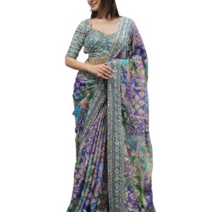 Multicolour Designer Saree With Unstitched Blouse