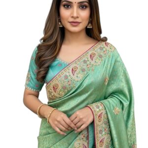 Women’s Pure Soft Silk Banarasi Saree Traditional Embroidery Paisley Border With Blouse Piece