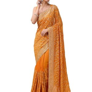 Women's Vichitra Silk Embroidery, Siroski Stone Work Saree with Unstitch Blouse Piece