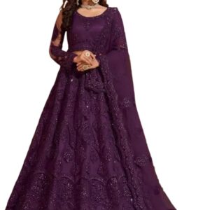 Women Semi Stitched Embroidered Lehenga Choli Set | Net Fabric Blouse | Floral Pattern Lehenga Skirt | Matching Dupatta | Round Neck Ethnic Outfit