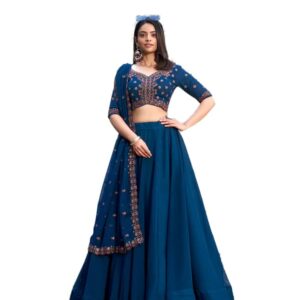 Blue Faux Georgette Thread Embroidery Work Semi-Sttiched Lehenga Choli Set For Women