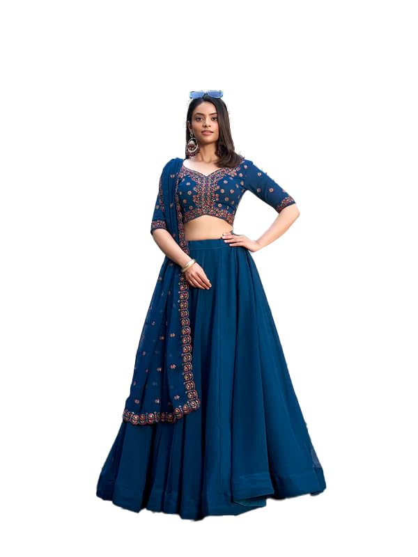 Blue Faux Georgette Thread Embroidery Work Semi-Sttiched Lehenga Choli Set For Women