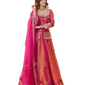Women’s Chanderi Silk Embroidered Kurta Set with Lehenga Style Bottom & Dupatta | Bollywood Style Embroidery lehenga Choli Set For Woman