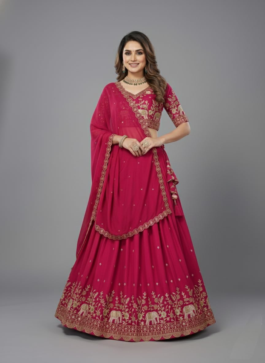 Women's Chinon Embroidered Semi-Stitched Lehenga Choli Kachi Kery
