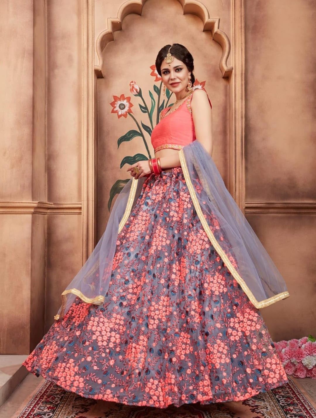 Stylish Net Lehenga Choli for Women | Heavy Embroidered Semi-Stitched Lehenga with Unstitched Blouse & Dupatta