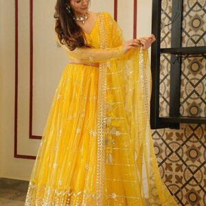 Women's Semi-stitched Poly Net Yellow Embroidered Lehenga Choli Set with Dupatta | Traditional Lehenga for Girls | Stylish Lehenga Choli for Festival Cultural & Ethnic Wear