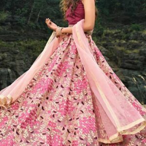 Women's Net Semi Stitched Lehenga Choli with Dupatta | Thread Embroidery Pattern | Traditional, Wedding, Ethnic Wear Lehenga (Peach)