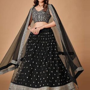 Women's Semi-Stitched Pink Embroidered Lehenga Choli with Dupatta | Designer Net Flared Lehenga for Wedding | Heavy Sequin & Stone Work Ethnic Wear Set