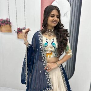 Women's Embroidered Vichitra Silk Lehenga Choli Dupatta Set Semi-Stitched Blouse and Fit & Flare Style