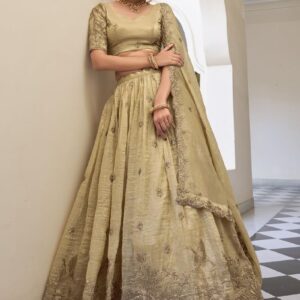 Beige Silk Thread Sequence Embroidery Work Semi-Sttiched Lehenga Choli Set For Women