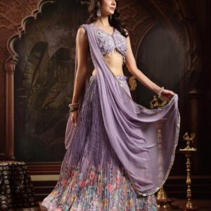 Stylum Women's Purple Floral Printed & Embroidered Silk Blend Lehenga Choli With Dupatta