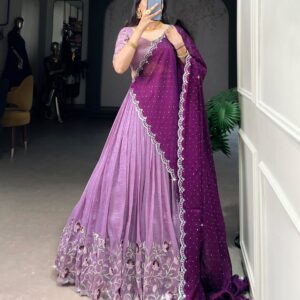 Women's Chinnon Silk Embroidered Semi Stitched Lehenga Choli With Dupatta