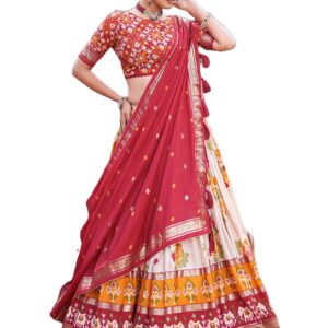 Women's Trending Designeer Tussar Silk Lehenga Choli Print with Foil Work With Unstitched Blouse Patola Print Adorned with Foil Work For Navrati || Wedding || Festival