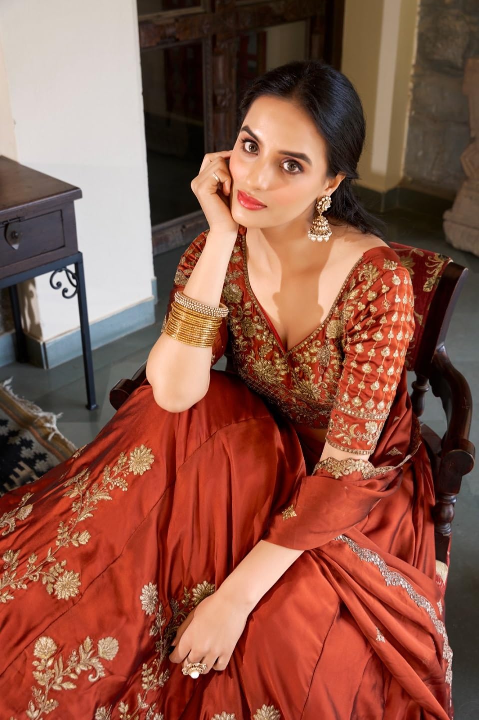 Women's Orange Sequence Embroidery Work Silk Semi-Sttiched Lehenga Choli-JH290ORG