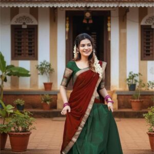 RENVAANI Women's Traditional Kanjivaram Kanchipuram Silk Zari Weaving Unstitched Lehenga Choli with Dupatta