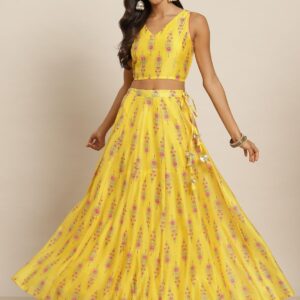 Chanderi Poly Silk Crop Top/Anarkali Skirt Lehenga Choli Set